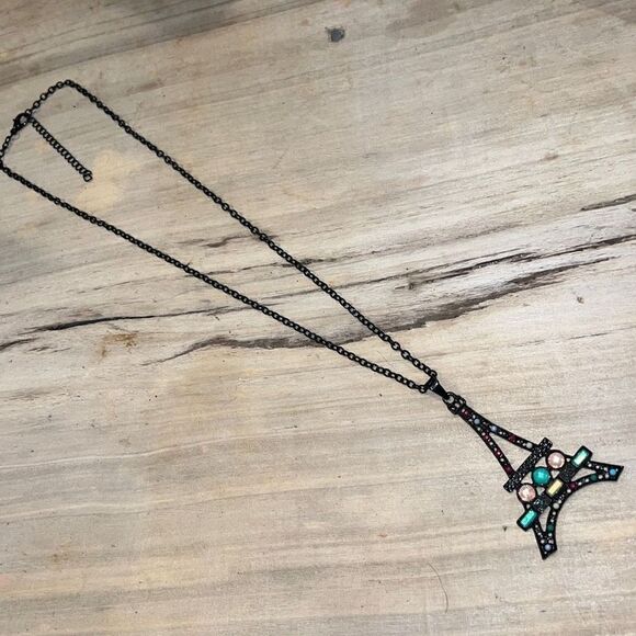 Jeweled Black Paris EffieTower With Pinks, Greens, Red, Blue On Chain - Picture 2 of 6